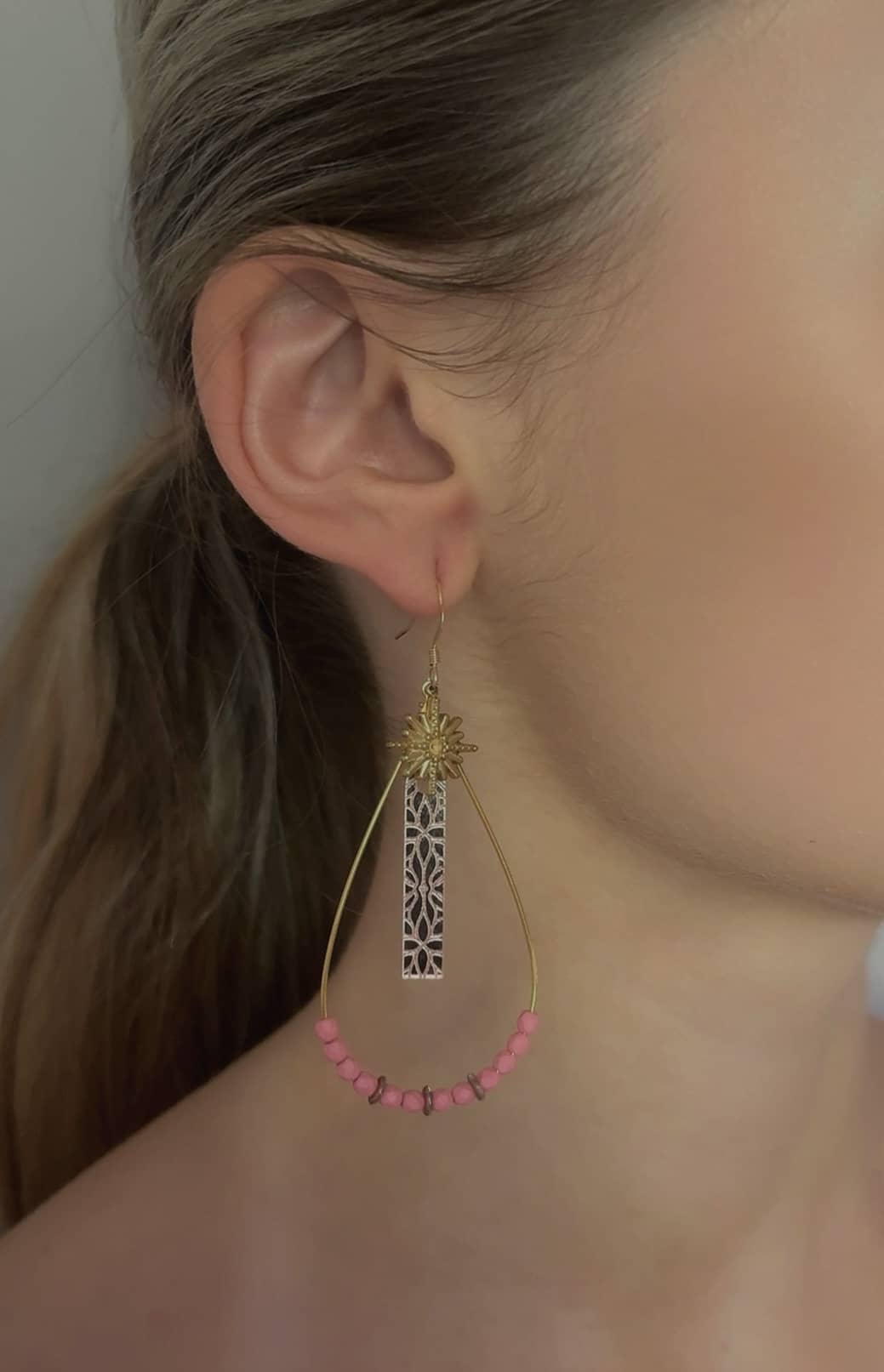 Boucle goutte Perlée Miroir rectangle Rose*