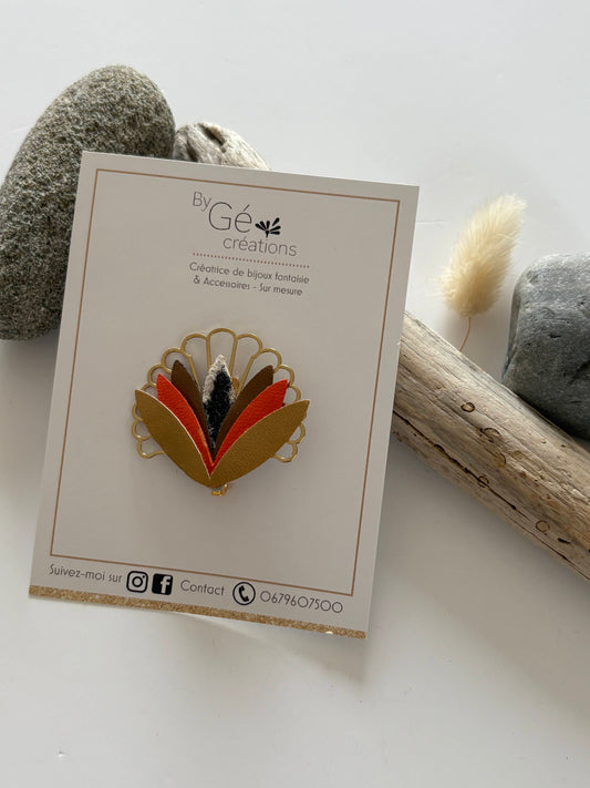 Broche florale :  doré/orange/mordoré/léopard